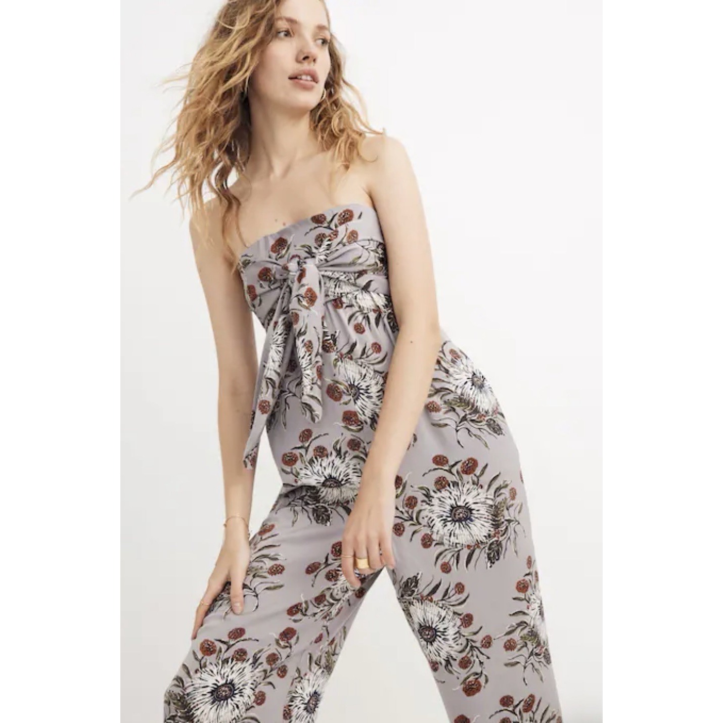 Madewell Strapless Tie Front Jumpsuit Size 12 Painted Blooms Violet Dusk Floral